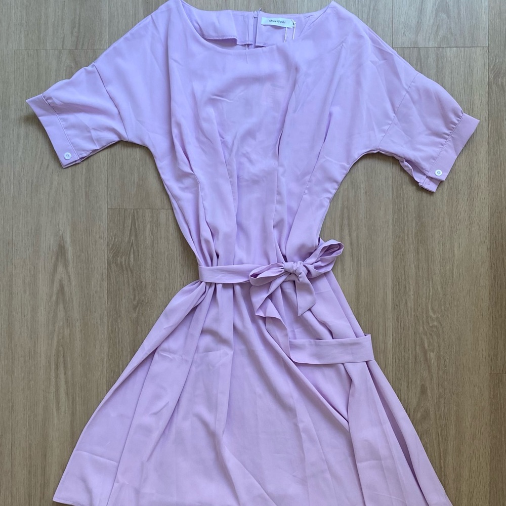 Lilac Lavender Midi Swing Dress with Tie